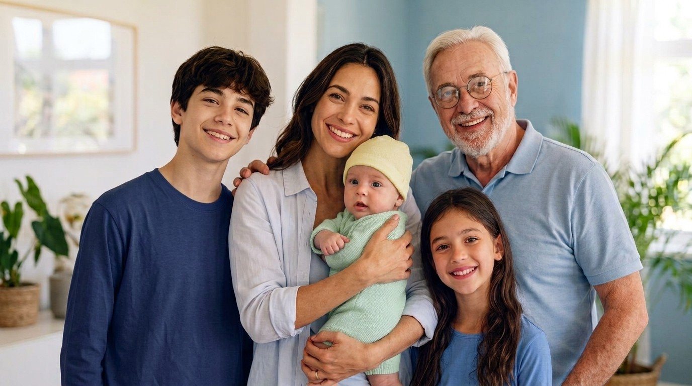 Família de três gerações sorrindo, atendida pela Neocentro Vacinas