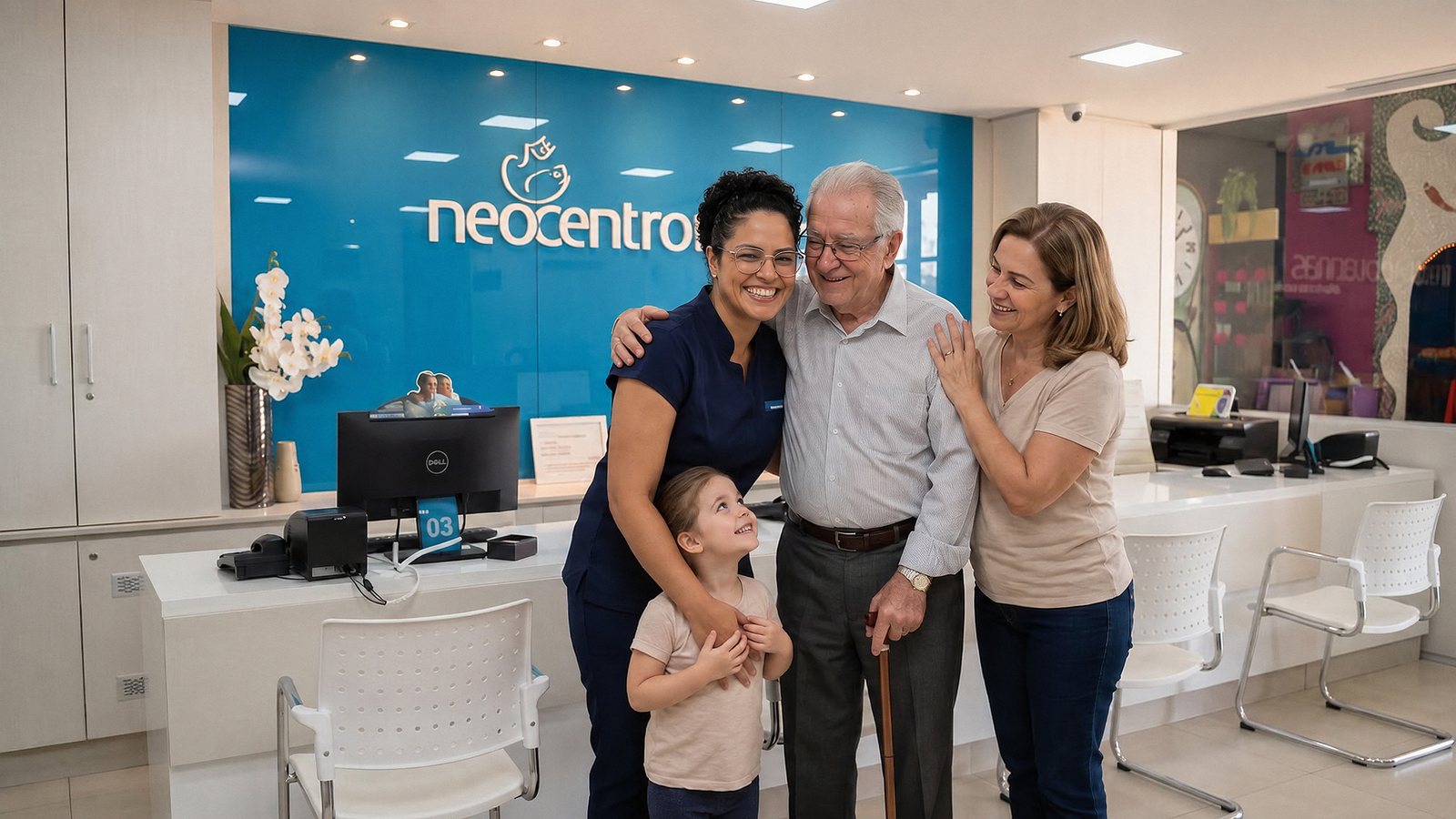 Enfermeira da Neocentro Vacinas abraça um senhor na recepção da unidade, com uma menina e uma mulher ao lado