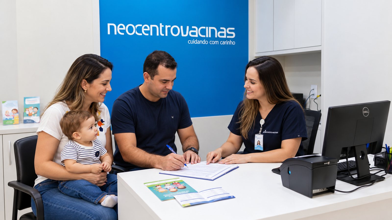 Mãe com o bebê no colo e o pai, sentados, preenchem um formulário com a atendente na mesa da Neocentro Vacinas