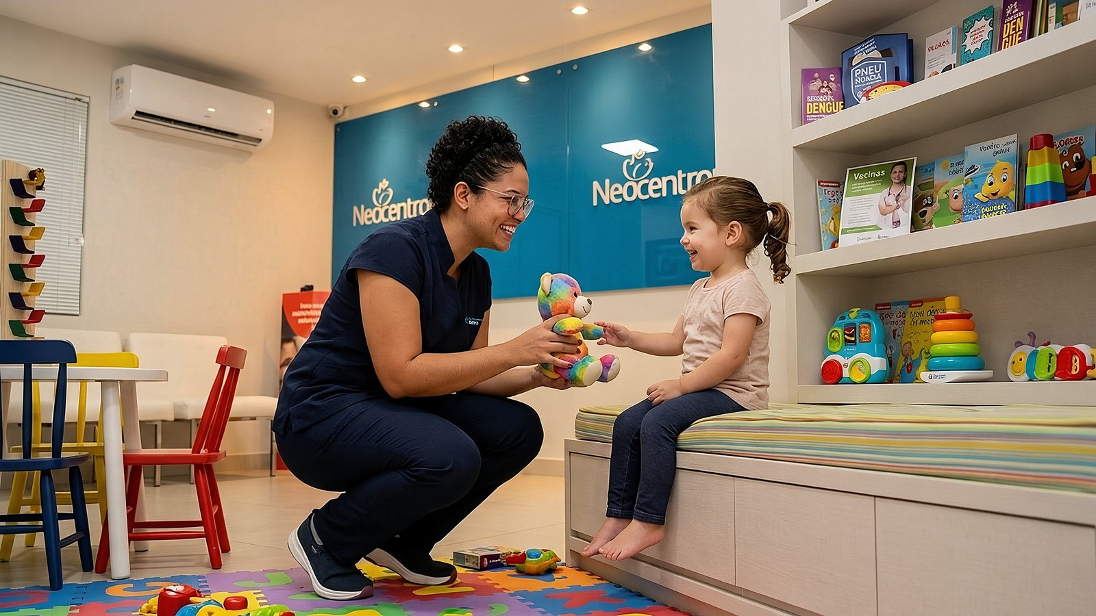 Enfermeira agachada entrega um ursinho colorido a uma menina no espaço kids da unidade